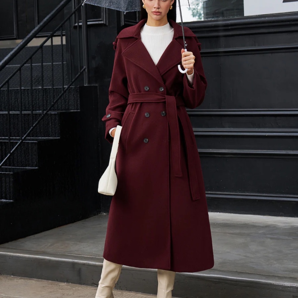Dark cherry Bordeaux ancora burgundy red trench-style long coat